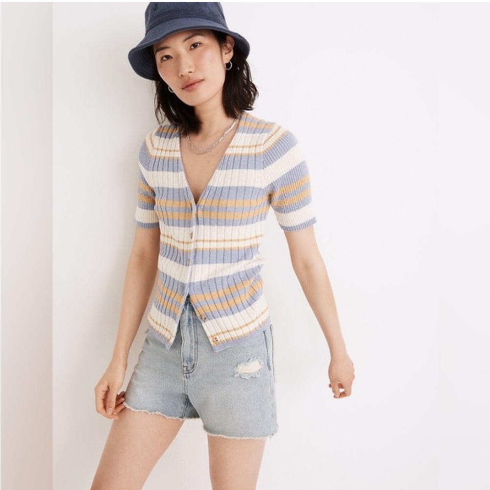Madewell Striped Knit Top Gray Grey Yellow Button Short Sleeve - Size M